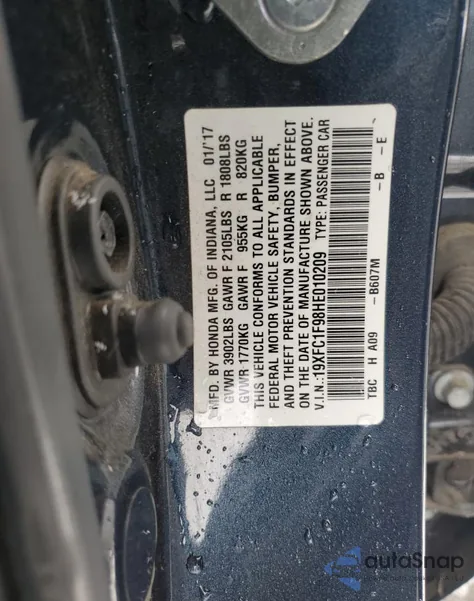 2017 Honda Civic Touring from USA, damaged, VIN 19XFC1F98HE010209